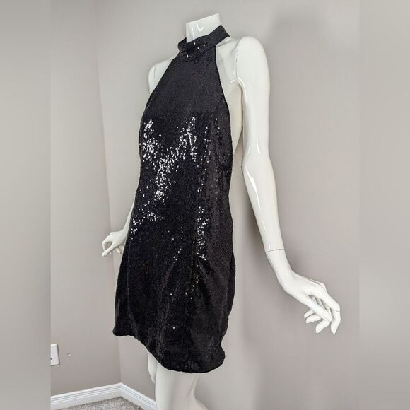 Dynamite Black Sequin Halter Mini Dress Sparkle Party Size Med - Picture 5 of 9